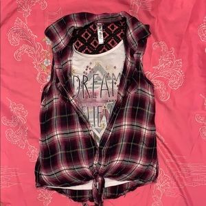 Tank with connected flannel tank, lace accent back